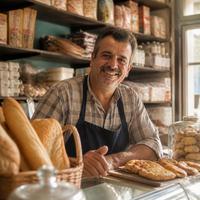 Comerciante sonriendo detrás del mostrador